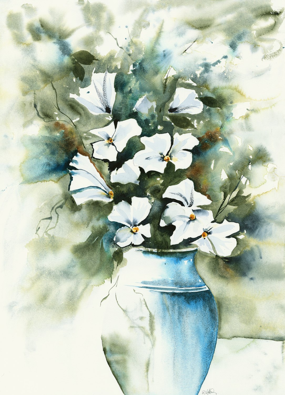 White flowers in a blue vase, watercolour by Robyn Holland