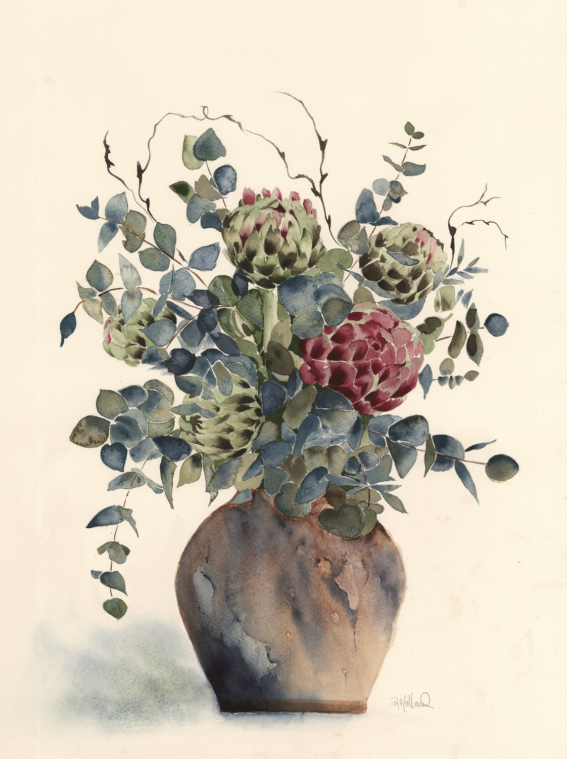 Proteas and Eucalyptus in a stoneware pot, watercolour by Robyn Holland